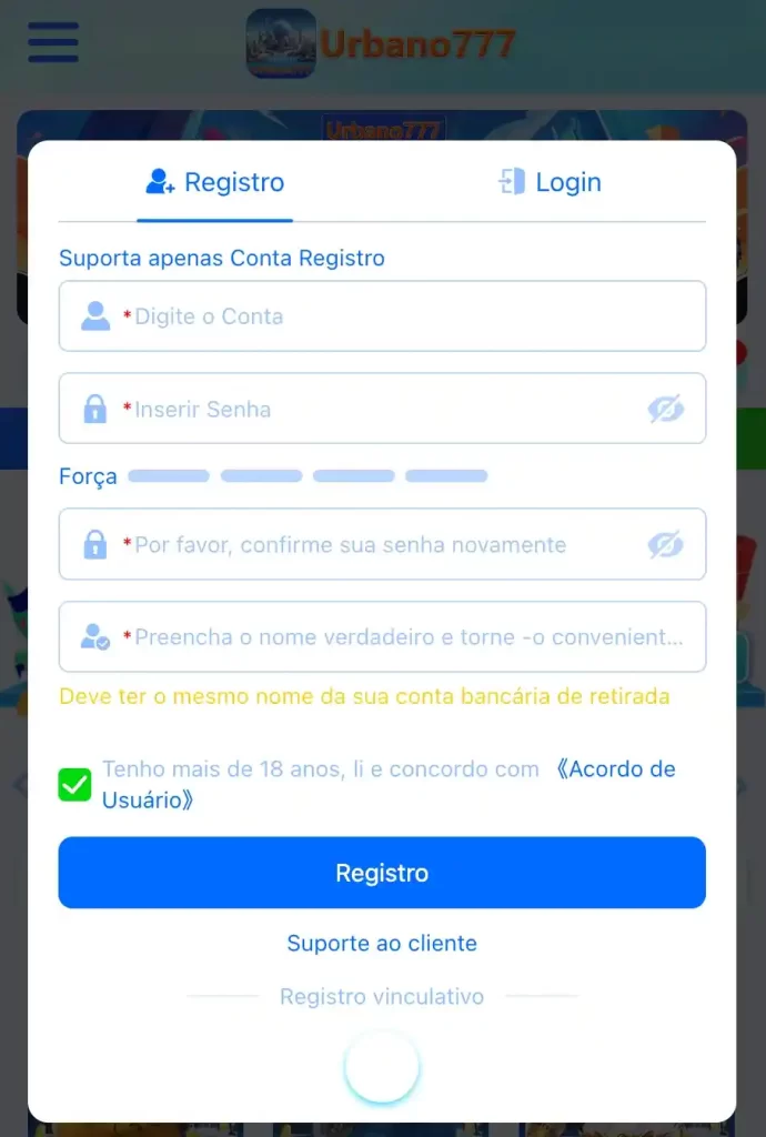 Tela de cadastro URBANO777