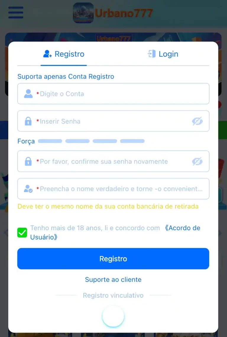 Tela de cadastro URBANO777